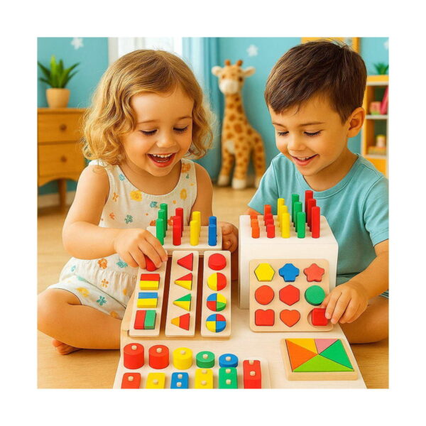 jucarii-montessori-din-lemn-9-in-1-jocuri-pentru-copii-isteti-utilizare-2 Jucării Montessori din lemn 9 în 1, un băiat și o fată la masă, sortând forme și fracții din lemn, cu tangram în prim-plan