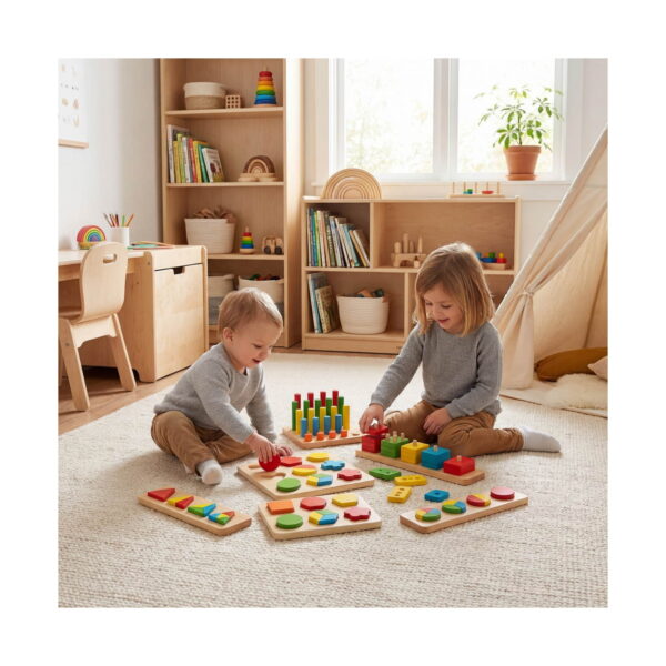 jucarii-montessori-din-lemn-9-in-1-jocuri-pentru-copii-isteti-utilizare Jucării Montessori din lemn 9 în 1, doi copii mici stând pe covor și jucându-se cu plăcile din lemn cu forme și cilindri