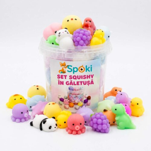 Jucării squishy, găletușă SpOki transparentă plină cu animăluțe moi pastel, altele împrăștiate în jur