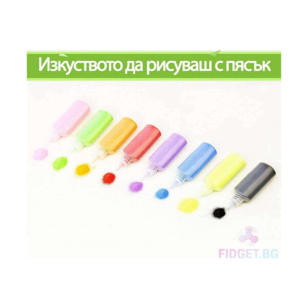 kit-de-pictura-cu-nisip-colorat-12-planse-continut-2 Kit de pictură cu nisip colorat, opt sticluțe de nisip așezate diagonal, fiecare lângă o mică mostră de nisip în culoarea sa