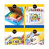 kit-de-pictura-cu-nisip-colorat-12-planse-instructiuni Kit de pictură cu nisip colorat, secvență în patru pași pe fundal galben: cutia deschisă cu sticluțe, planșa cu pește