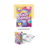 Kit pentru 5 bombe de baie, coperta broșurii Bath Bombs deasupra și broșura deschisă cu pagini ilustrate dedesubt