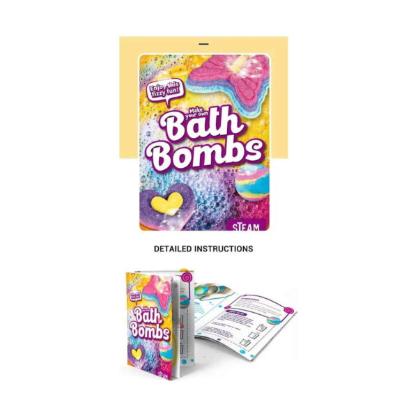 Kit pentru 5 bombe de baie, coperta broșurii Bath Bombs deasupra și broșura deschisă cu pagini ilustrate dedesubt