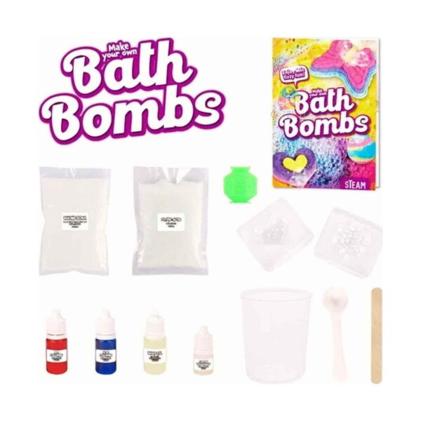 Kit pentru 5 bombe de baie, logo Bath Bombs, cutia produsului, două pungi cu ingrediente, o formă verde, forme transparente