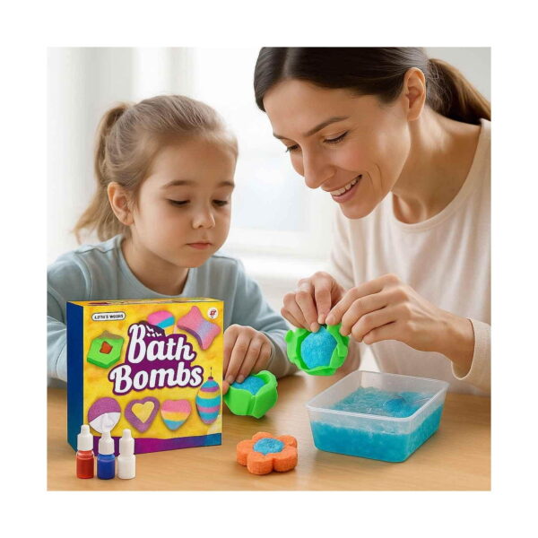 Kit pentru 5 bombe de baie, o fetiță și o femeie la masă, cu cutia Bath Bombs, flacoane de pigment
