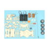 kit-stem-carucior-din-lemn-continut Kit STEM Cărucior din lemn, piesele kitului pe fundal bleu: plăci din placaj decupate, patru roți cu anvelope, motor