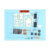 kit-stem-carucior-rapid-din-lemn-14-7-cm-continut Kit STEM Cărucior rapid din lemn, piesele kitului aranjate pe fundal bleu,: plăci decupate, panou solar