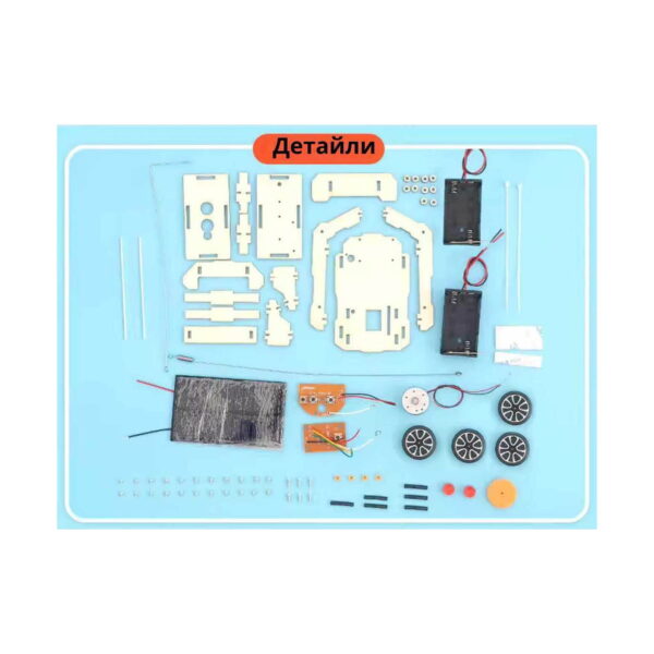 kit-stem-carucior-rapid-din-lemn-14-7-cm-continut Kit STEM Cărucior rapid din lemn, piesele kitului aranjate pe fundal bleu,: plăci decupate, panou solar