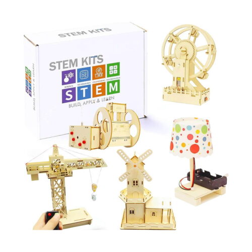 Kit STEM Invenții pentru copii, cutie albă STEM Kits și cele cinci machete din lemn: roată panoramică, macara, moară de vânt