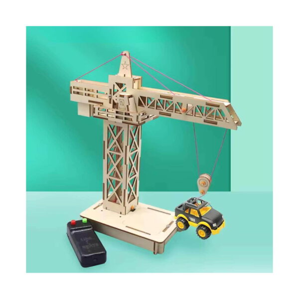 kit-stem-inventii-pentru-copii-detaliu Kit STEM Invenții pentru copii, macaraua din lemn asamblată, cu cabluri și scripete, ridicând o mașinuță galben-negru