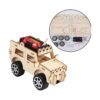 kit-stem-jeep-din-lemn Kit STEM Jeep din lemn, asamblat cu baterii roșii pe plafon, alături de un medalion circular cu plăcile decupate, roțile