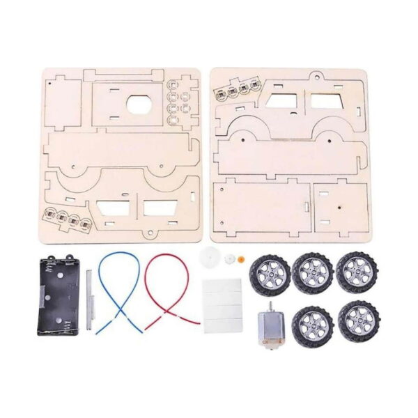 kit-stem-jeep-din-lemn-continut-2 Kit STEM Jeep din lemn, piesele kitului pe fundal alb: plăci decupate pentru caroserie, roți negre, suport de baterii