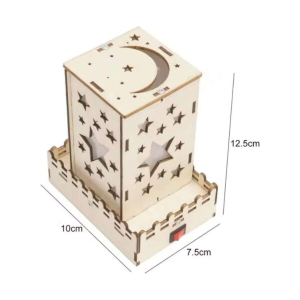 Kit STEM Lampă stea din lemn, grafic de dimensiuni: lampa cu stele și semilună, 10 cm x 7,5 cm x 12,5 cm