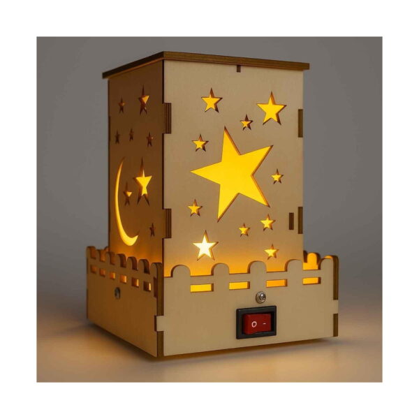 Kit STEM Lampă stea din lemn, din lemn aprinsă, cu lumină galben-caldă prin stele și semilună, cu întrerupător roșu pe bază