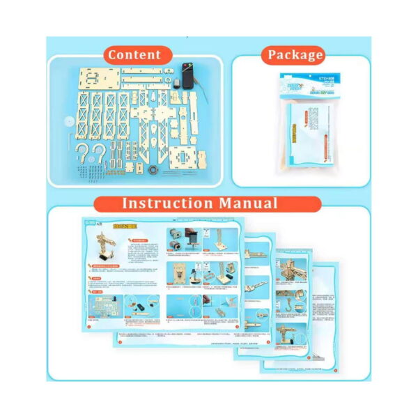 kit-stem-macara-din-lemn-continut Kit STEM Macara din lemn, grafic de catalog cu secțiunile Content, Package și Instruction Manual pentru kitul de macara