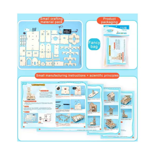 Kit STEM Moară de vânt din lemn, grafic cu Small crafting material pack, ambalajul tip Fancy bag și paginile manualului