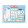 Kit STEM Moară de vânt din lemn, grafic Parts List pe fundal bleu, cu panouri de casă, pale, garduri, motor