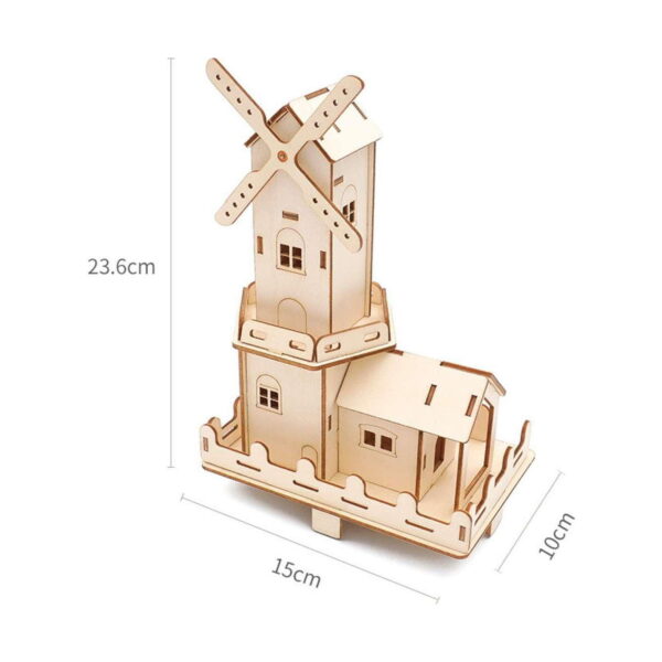 Kit STEM Moară de vânt din lemn, grafic de dimensiuni: moara asamblată, 23,6 cm înălțime, 15 cm lățime și 10 cm adâncime
