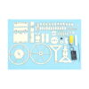 kit-stem-roata-ferris-continut Kit STEM Roată Ferris, toate piesele kitului aranjate pe fundal bleu: două cercuri mari, cabine, roți dințate, panouri