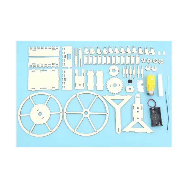 kit-stem-roata-ferris-continut Kit STEM Roată Ferris, toate piesele kitului aranjate pe fundal bleu: două cercuri mari, cabine, roți dințate, panouri