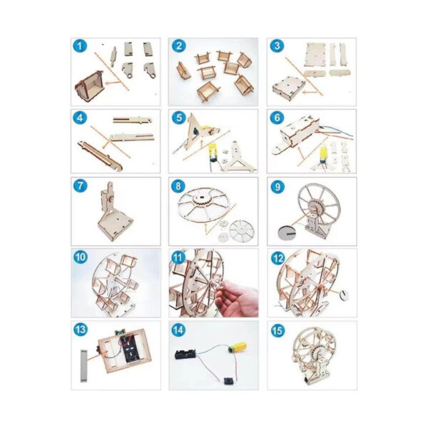 kit-stem-roata-ferris-instructiuni Kit STEM Roată Ferris, montaj de instrucțiuni cu 15 cadre numerotate: cabine, bază, motor, roată, cablaj și modelul final