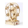 kit-stem-roata-ferris-model-asamblat Kit STEM Roată Ferris, panoramică din lemn asamblată, vedere frontală, cu cabine, bază tip gard și întrerupător roșu