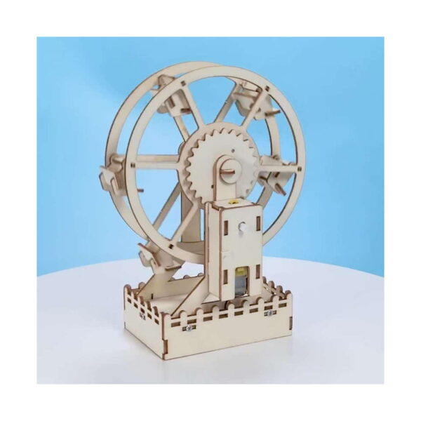 kit-stem-roata-ferris-model-asamblat-2 Kit STEM Roată Ferris, panoramică asamblată văzută din spate, cu roata dințată mare și motorul vizibile, pe fundal albastru