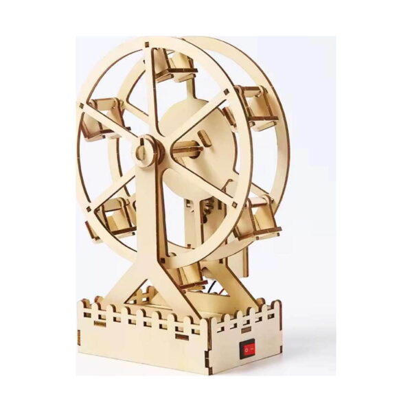 kit-stem-roata-ferris-model-asamblat Kit STEM Roată Ferris, panoramică din lemn asamblată, vedere frontală, cu cabine, bază tip gard și întrerupător roșu
