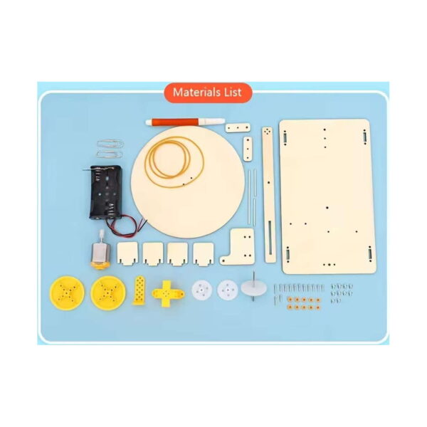 Kit STEM Robot de desen din lemn, lista de piese pe fundal bleu: plăci și disc din lemn, motor, suport de baterii