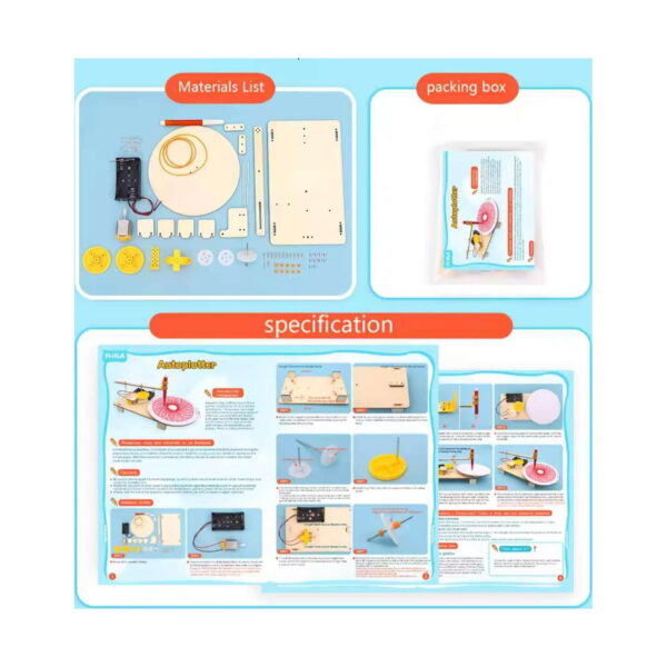 Kit STEM Robot de desen din lemn, montaj de catalog cu Materials List, ambalajul produsului și două pagini de instrucțiuni