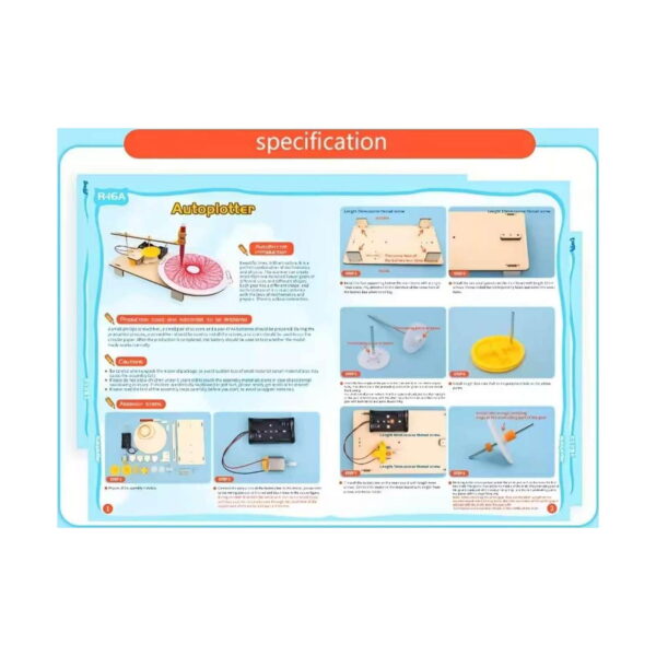 Kit STEM Robot de desen din lemn, pagina de specificații a manualului, cu prezentarea robotului Autoplotter și pași ilustrați