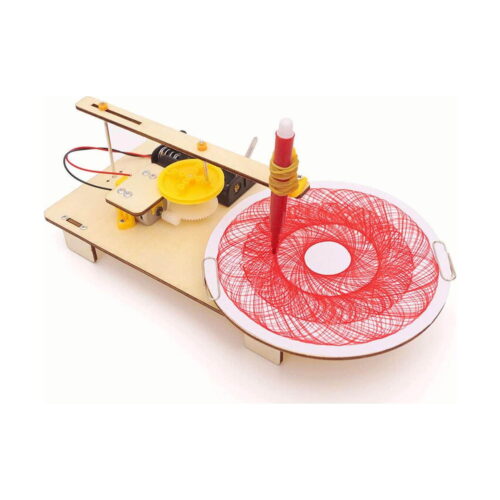 Kit STEM Robot de desen din lemn, lemn asamblat, cu braț lung, pix roșu și disc alb pe care este desenată o spirală roșie