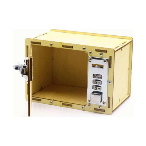 Kit STEM Seif mecanic din lemn, din lemn natur cu ușa deschisă, interior gol și încuietoare metalică cu trei cifruri