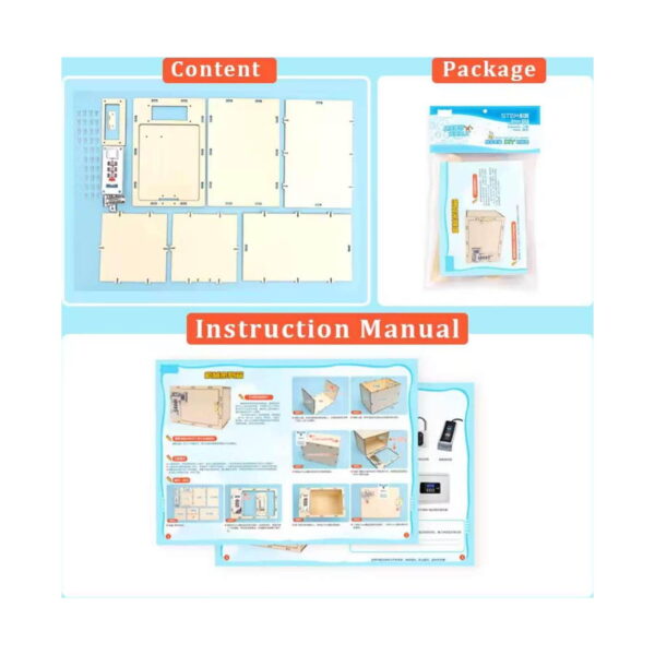 Kit STEM Seif mecanic din lemn, grafic de catalog cu trei secțiuni, Content, Package și Instruction Manual, pe fundal bleu
