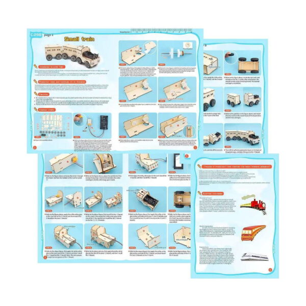 kit-stem-tren-din-lemn-instructiuni Kit STEM Tren din lemn, foi de instrucțiuni bleu, suprapuse, cu fotografii ale pașilor de asamblare și text explicativ