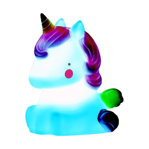 Lampă de veghe unicorn, în formă de unicorn așezat, cu corn auriu, coamă mov-magenta, aripă verde și copită neagră
