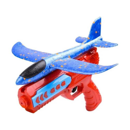 Lansator de avion Unlimit, tip pistol roșu cu albastru, cu avionul planor albastru din spumă montat deasupra