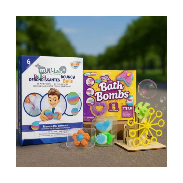 lume-steam-cu-bule-3-in-1-continut Lume STEAM cu bule, montaj în aer liber cu cutiile Bouncy Balls și Bath Bombs