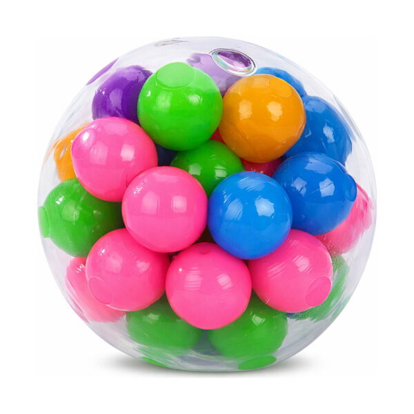 minge-squishy-2 Minge squishy, prim-plan cu mingea squishy transparentă plină cu bile roz, verzi, albastre, mov și portocalii