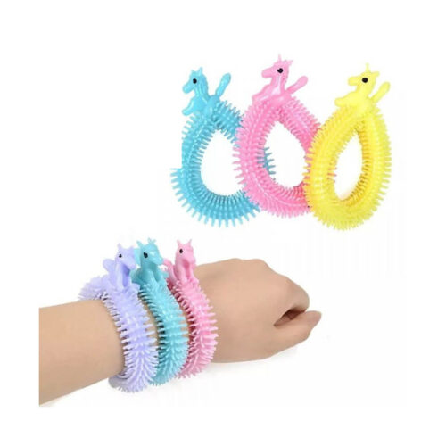 Monkey Noodles unicorn, montaj: sus trei jucării elastice cu cap de unicorn, îndoite în buclă (albastru, roz, galben)