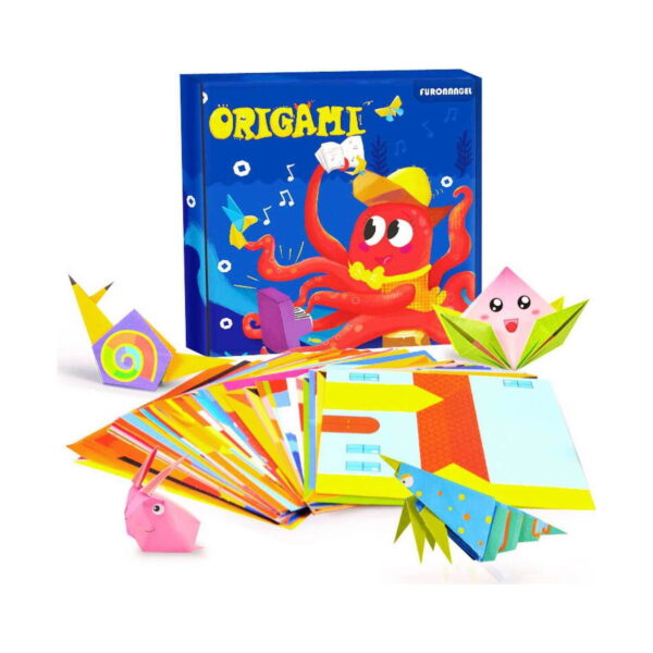 origami-distractiv-din-hartie-continut Origami distractiv din hârtie, cutia albastră ORIGAMI cu caracatiță, în spatele unui teanc de hârtii ilustrate