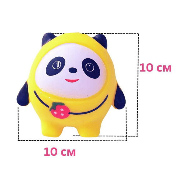 panda-squishy-galben-dimensiuni Panda squishy galben, panda galben cu linii punctate și cotele 10 cm înălțime și 10 cm lățime