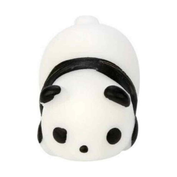 Panda squishy moale, văzută de sus, cu fața rotundă în partea de jos a cadrului și corpul alb alungit în spate