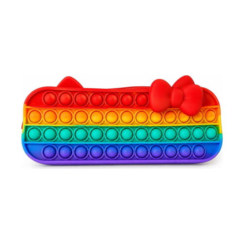 penar-pop-it-20-8-cm Penar Pop It, orizontal în culorile curcubeului, cu urechi mici și fundiță roșie pe capac, pe fundal alb