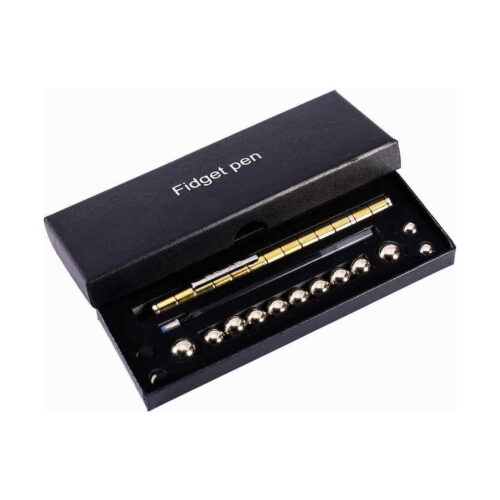 Pix magnetic fidget, cutie neagră deschisă, inscripționată Fidget pen, cu pixul auriu