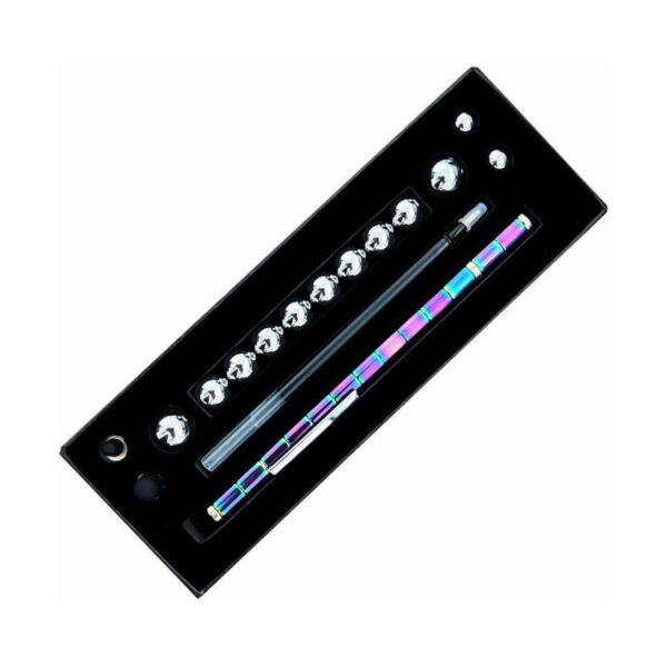pix-magnetic-fidget-auriu-si-roz-ambalaj Pix magnetic fidget, cutia neagră deschisă, cu bile metalice de dimensiuni diferite și segmentele pixului aranjate în insert