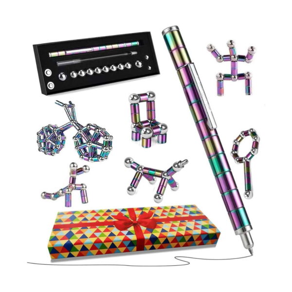 pix-magnetic-fidget-auriu-si-roz-continut Pix magnetic fidget, pixul irizat asamblat, cutia neagră cu insert, o cutie cadou colorată și mai multe figuri magnetice