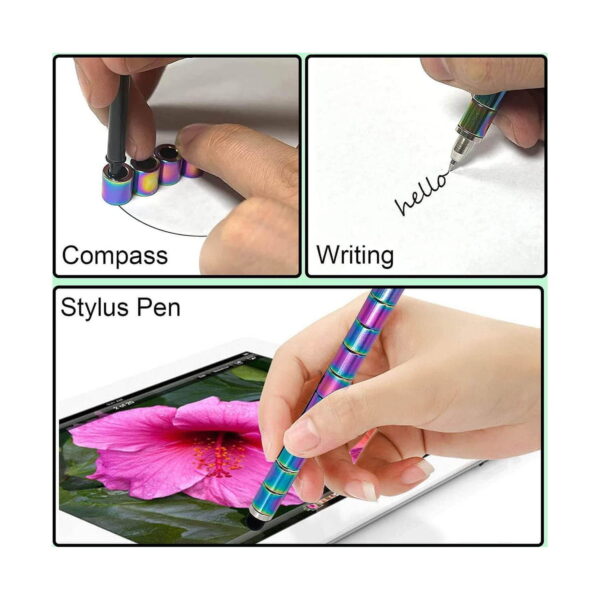 pix-magnetic-fidget-auriu-si-roz-utilizare-6 Pix magnetic fidget, trei cadre etichetate Compass, Writing și Stylus Pen: mâini care folosesc pixul ca și compas