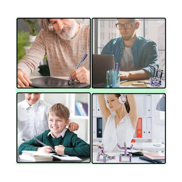 pix-magnetic-fidget-auriu-si-roz-utilizare-7 Pix magnetic fidget, colaj din patru fotografii: bărbat în vârstă care scrie, bărbat la laptop