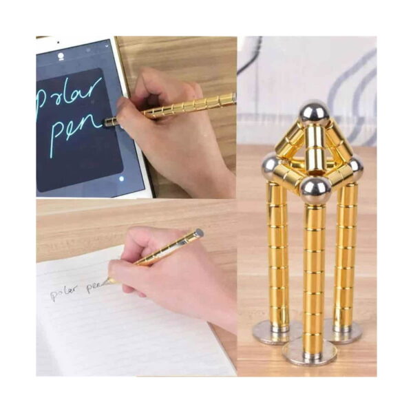 Pix magnetic fidget, colaj: pixul folosit pe o tabletă și pe hârtie, plus o construcție înaltă din segmente aurii și bile